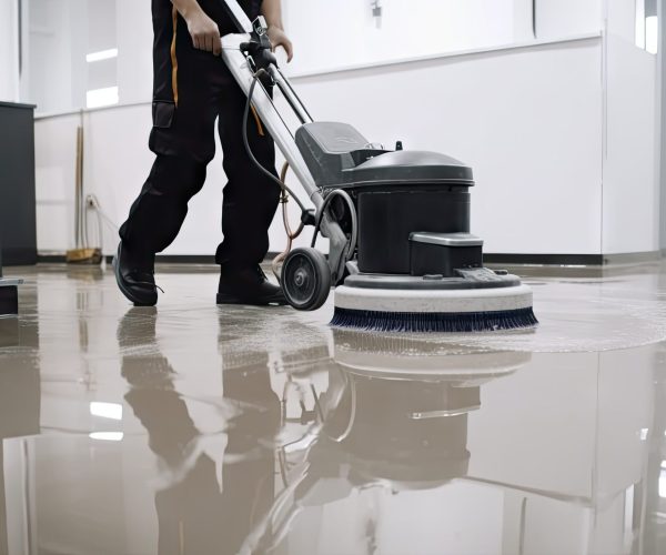 Worker Washing Office Floor with Cleaning Machine - AI Generated